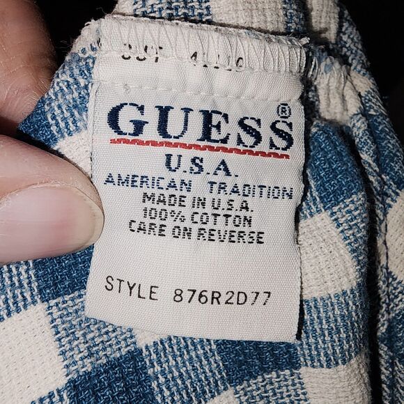 GUESS Sz 5 Vintage Blue White Checkered Snap Front Milkmaid Logo Jumper Dress - Picture 6 of 8